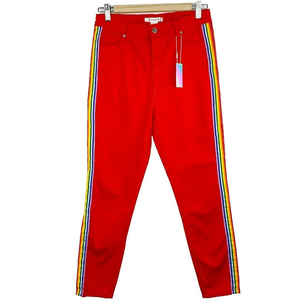 Revamped Pants Womens Size 9 Red Rainbow Side Stripe Skinny Hi-Rise New NWT